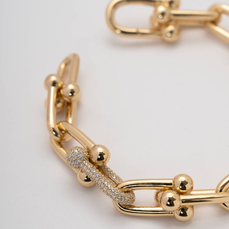 Sterling Silver Gold Vermeil CZ Pave Chunky Link Bracelet (BR-1479-G)