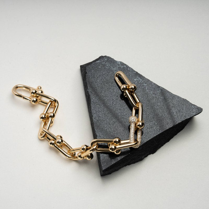 Sterling Silver Gold Vermeil CZ Pave Chunky Link Bracelet (BR-1479-G)