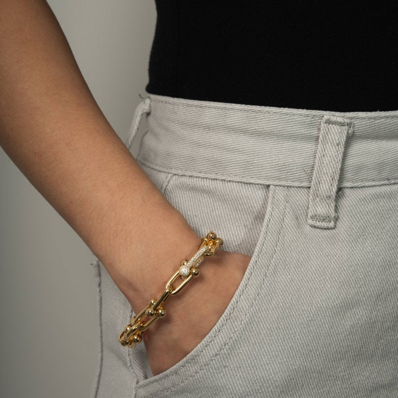 Sterling Silver Gold Vermeil CZ Pave Chunky Link Bracelet (BR-1479-G)