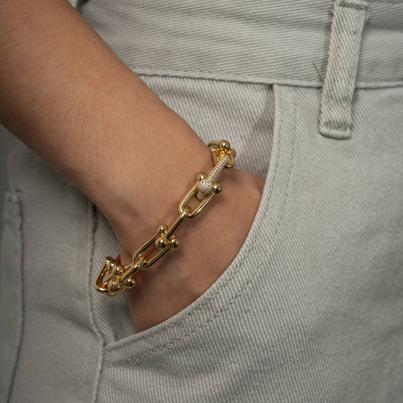 Sterling Silver Gold Vermeil CZ Pave Chunky Link Bracelet (BR-1479-G)