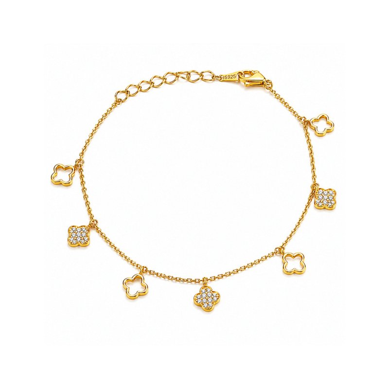 Sterling Silver Gold Vermeil CZ Pave & Cutout Clover Dangling Bracelet (BR-1489-G)