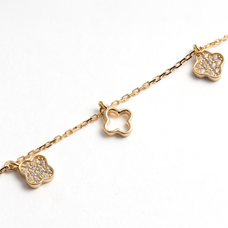 Sterling Silver Gold Vermeil CZ Pave & Cutout Clover Dangling Bracelet (BR-1489-G)