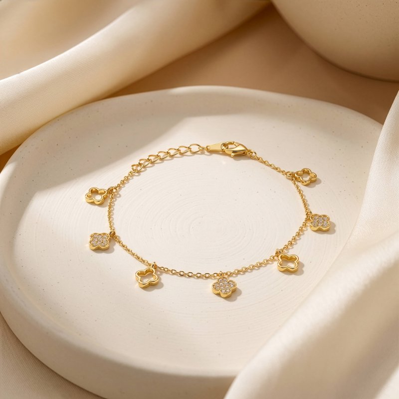Sterling Silver Gold Vermeil CZ Pave & Cutout Clover Dangling Bracelet (BR-1489-G)