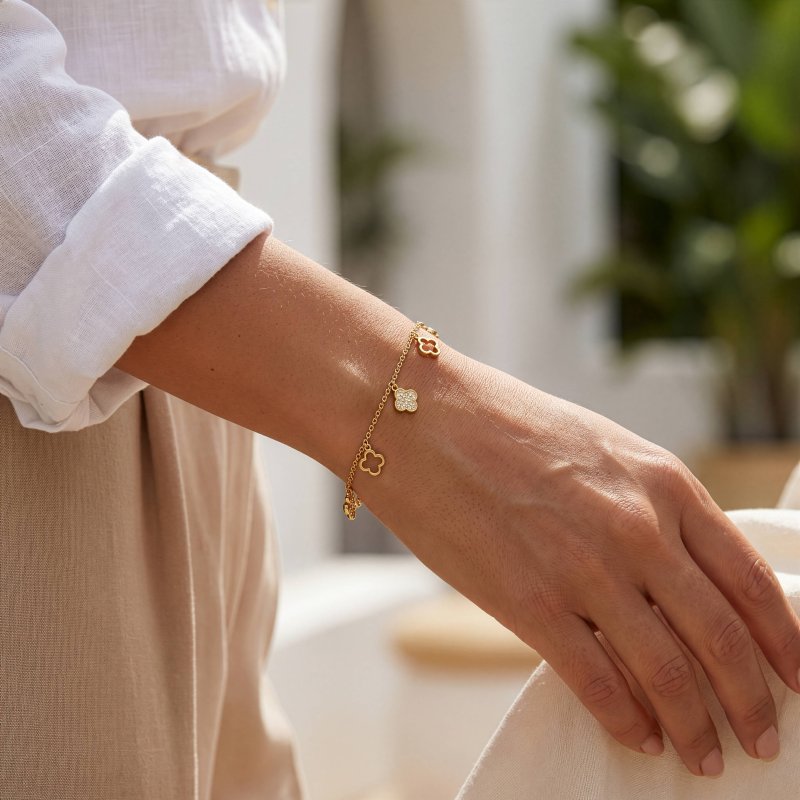 Sterling Silver Gold Vermeil CZ Pave & Cutout Clover Dangling Bracelet (BR-1489-G)