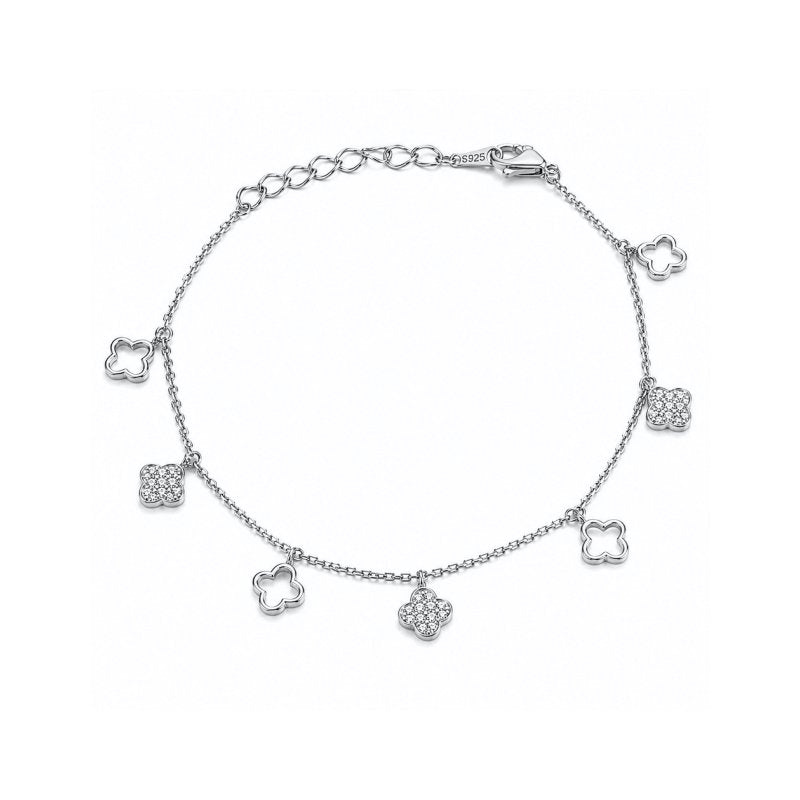 Sterling Silver Gold Vermeil CZ Pave & Cutout Clover Dangling Bracelet (BR-1489-G)