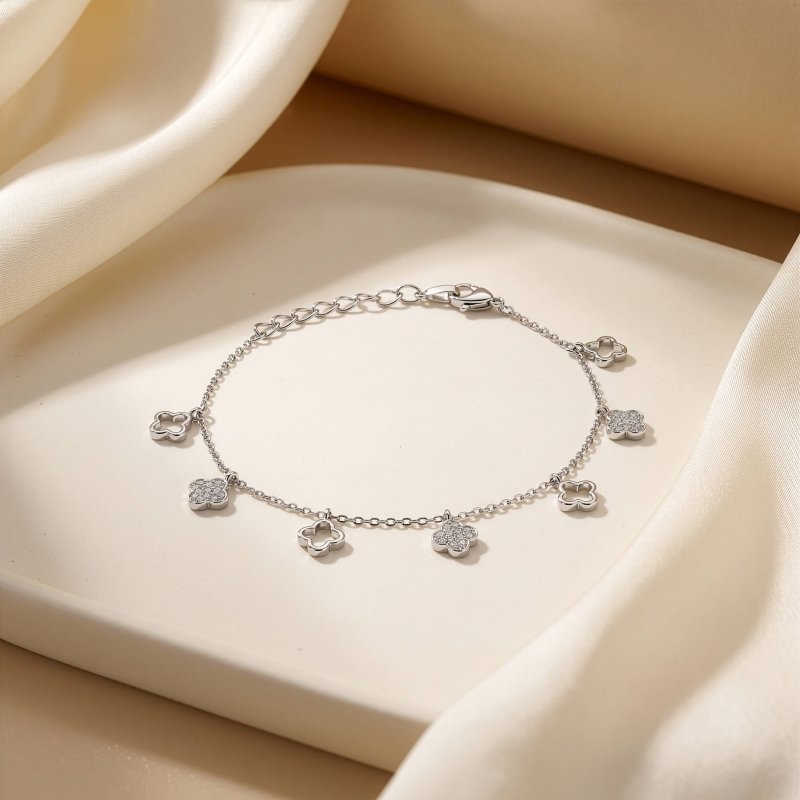 Sterling Silver Gold Vermeil CZ Pave & Cutout Clover Dangling Bracelet (BR-1489-G)