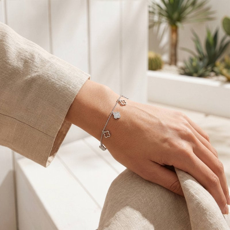 Sterling Silver Gold Vermeil CZ Pave & Cutout Clover Dangling Bracelet (BR-1489-G)