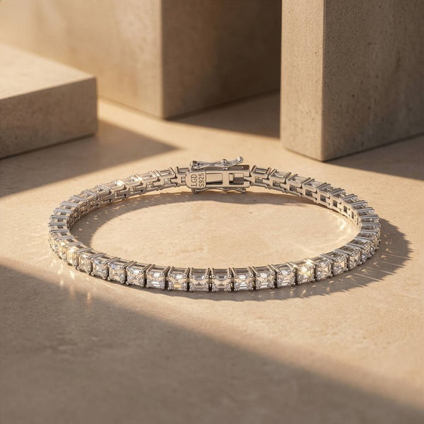 Sterling Silver Rhodium Plated Baguette Cut Lab Diamond TCW 4.2ct Tennis Bracelet (BR-LGD-1005-RH)