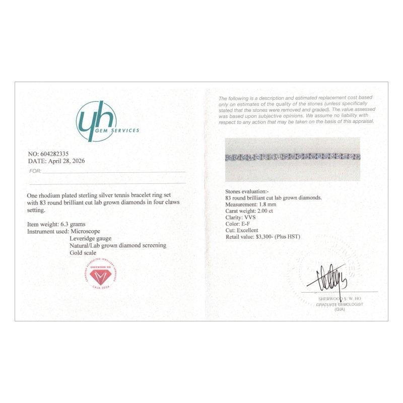 Sterling Silver Rhodium Plated Lab Grown Diamond 2mm TCW 2.0ct Tennis Bracelet (BR-LGD-151)