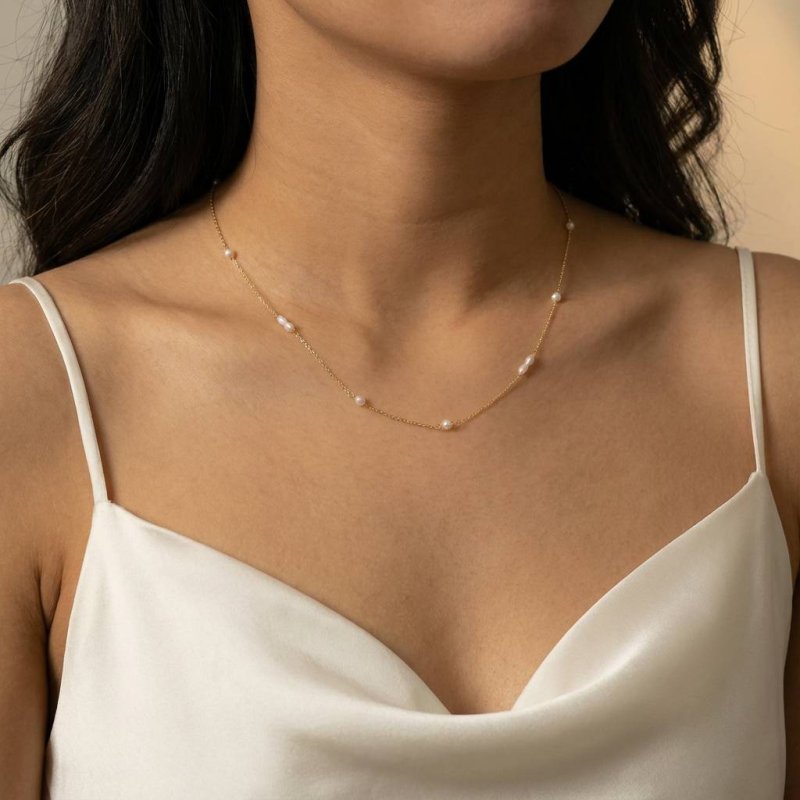 Sterling Silver Gold Vermeil Freshwater Pearl Necklace (N-1642-G)