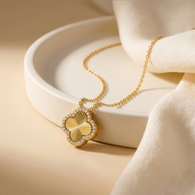 Sterling Silver Gold Vermeil CZ DC Clover Necklace (N-1652-G)