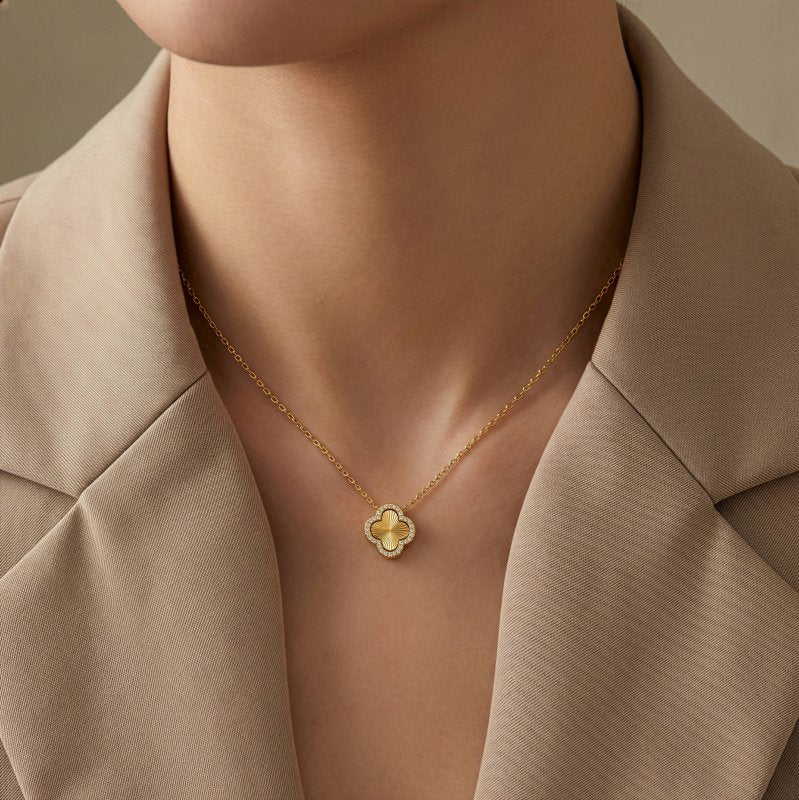 Sterling Silver Gold Vermeil CZ DC Clover Necklace (N-1652-G)