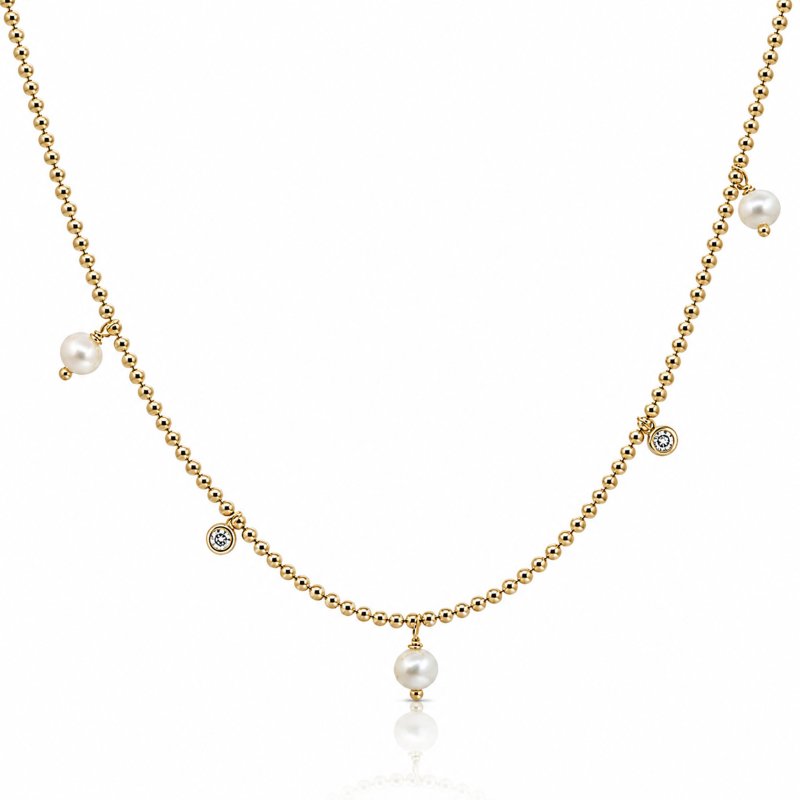 sterling Silver Gold Vermeil CZ & Freshwater Pearl Ball Chain Necklace (N-1661-G)