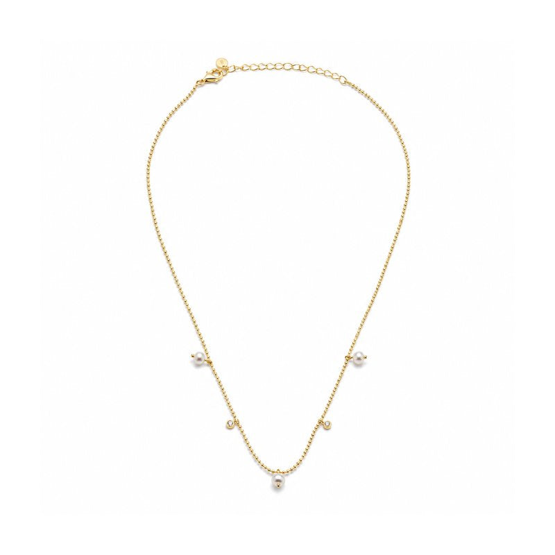 sterling Silver Gold Vermeil CZ & Freshwater Pearl Ball Chain Necklace (N-1661-G)