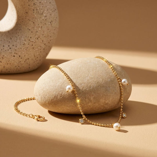 sterling Silver Gold Vermeil CZ & Freshwater Pearl Ball Chain Necklace (N-1661-G)
