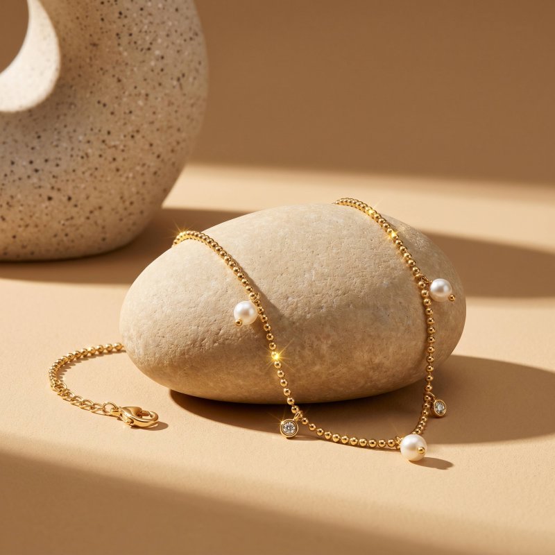 sterling Silver Gold Vermeil CZ & Freshwater Pearl Ball Chain Necklace (N-1661-G)