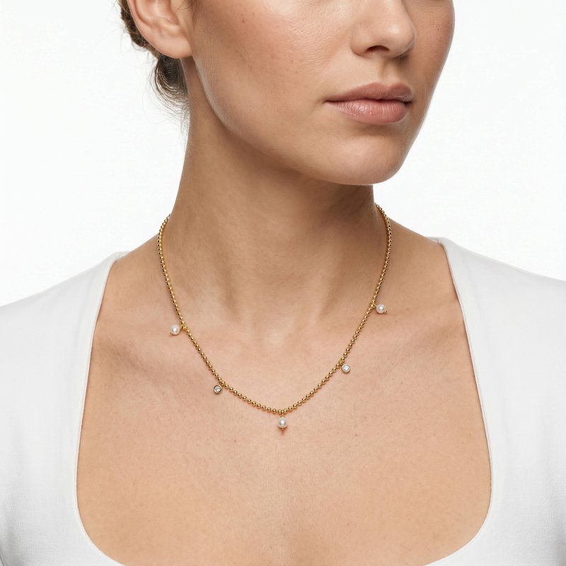 sterling Silver Gold Vermeil CZ & Freshwater Pearl Ball Chain Necklace (N-1661-G)