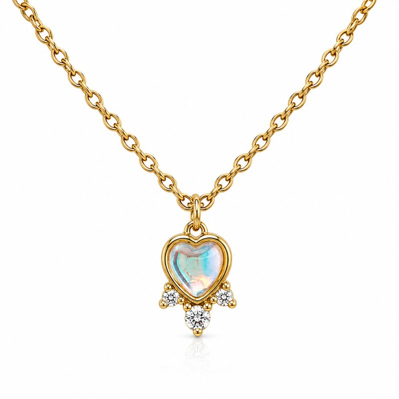 Sterling Silver Gold Vermeil CZ and Moonstone Color Glass Heart Charm Necklace (N-1662-G)