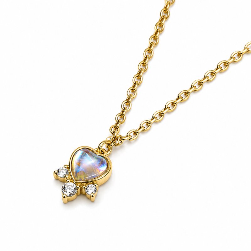 Sterling Silver Gold Vermeil CZ and Moonstone Color Glass Heart Charm Necklace (N-1662-G)