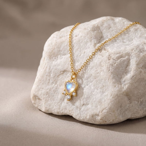 Sterling Silver Gold Vermeil CZ and Moonstone Color Glass Heart Charm Necklace (N-1662-G)