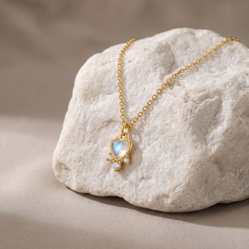 Sterling Silver Gold Vermeil CZ and Moonstone Color Glass Heart Charm Necklace (N-1662-G)