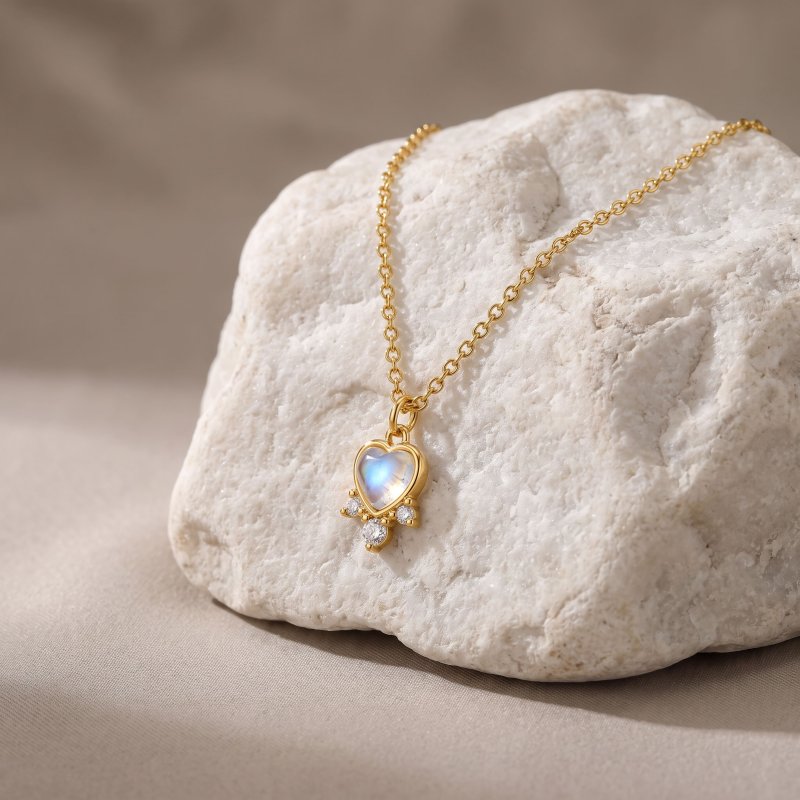 Sterling Silver Gold Vermeil CZ and Moonstone Color Glass Heart Charm Necklace (N-1662-G)