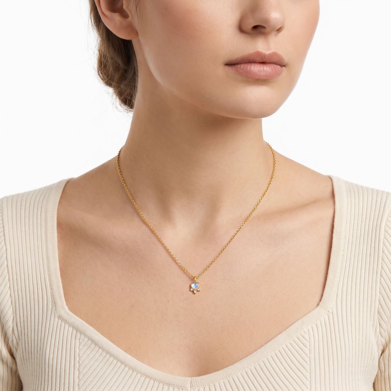 Sterling Silver Gold Vermeil CZ and Moonstone Color Glass Heart Charm Necklace (N-1662-G)
