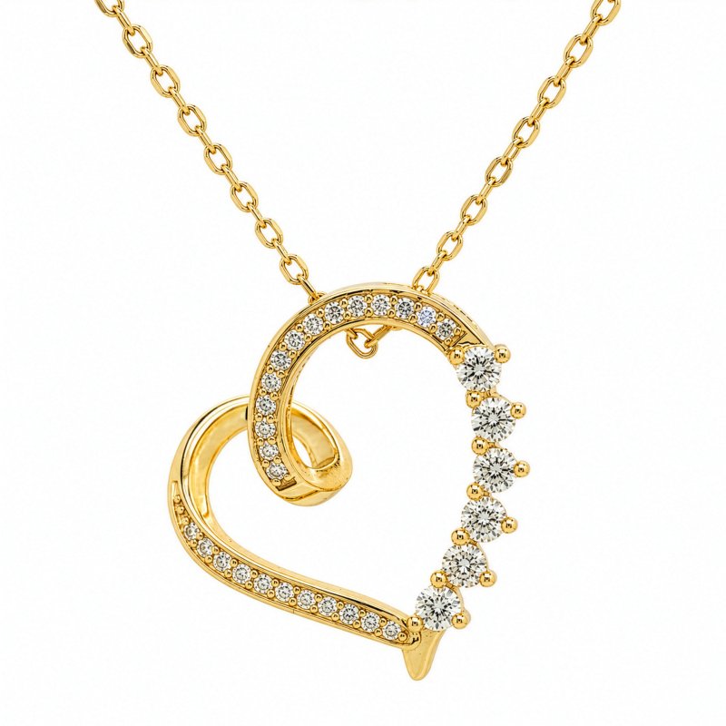 Sterling Silver Gold Vermeil Lab Diamond TCW 0.4ct Ribbon Heart Necklace (N-LGD-1012-G)