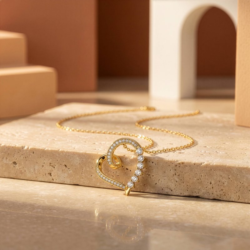 Sterling Silver Gold Vermeil Lab Diamond TCW 0.4ct Ribbon Heart Necklace (N-LGD-1012-G)