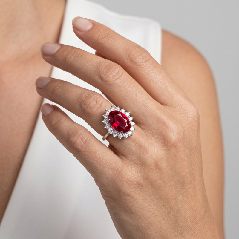 Sterling Silver Rhodium Plated CZ Royal Wedding Inspired Ring (Ruby) (R-1034-R-ADJ)