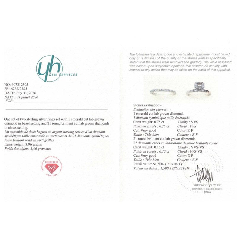 Sterling Silver 0.75ct Lab Diamond Emerald Solitaire Ring