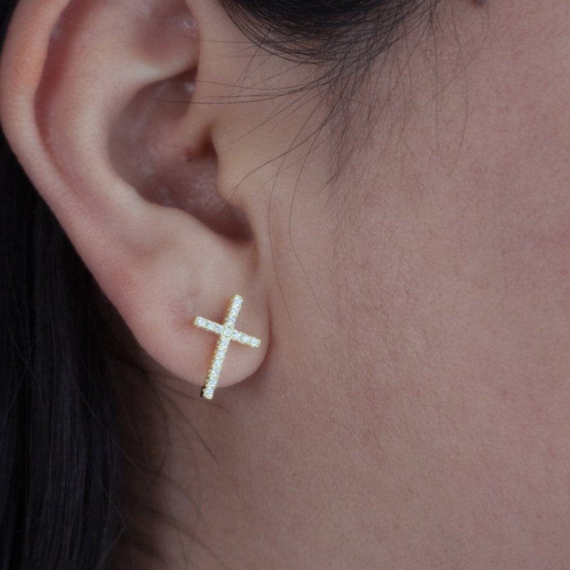 Sterling Silver Gold Vermeil CZ Cross Stud Earring (ST-1128) - ST-1128-G