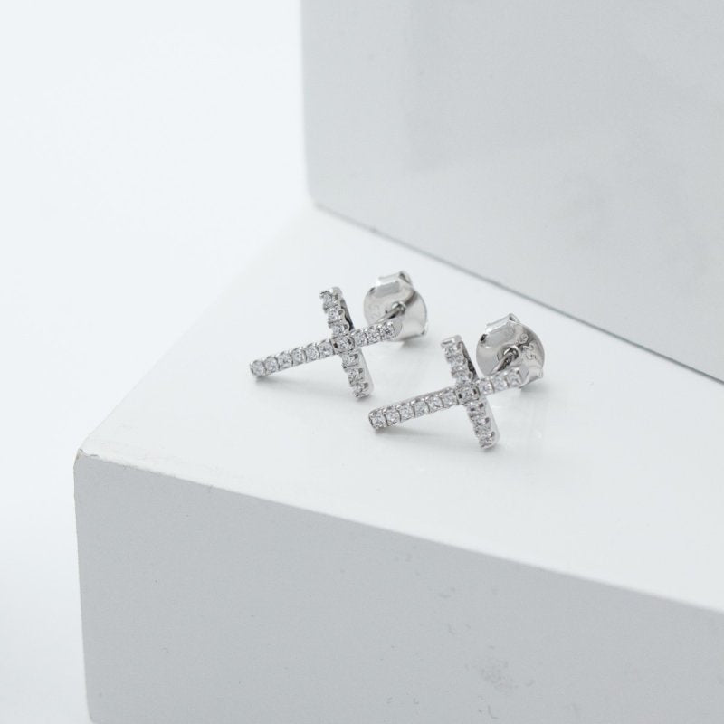 Sterling Silver Gold Vermeil CZ Cross Stud Earring (ST-1128) - ST-1128-G