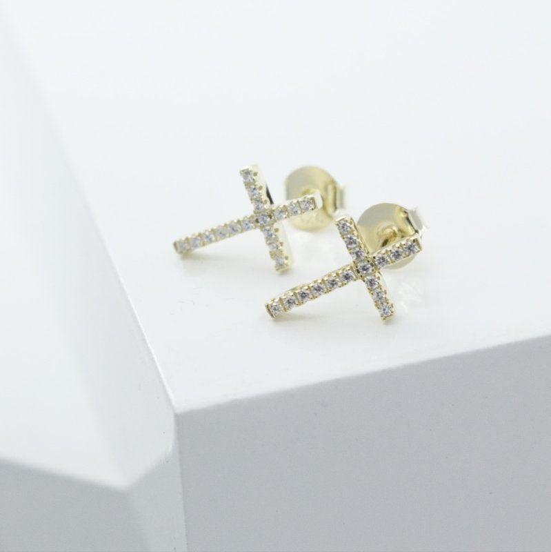 Sterling Silver Gold Vermeil CZ Cross Stud Earring (ST-1128) - ST-1128-G