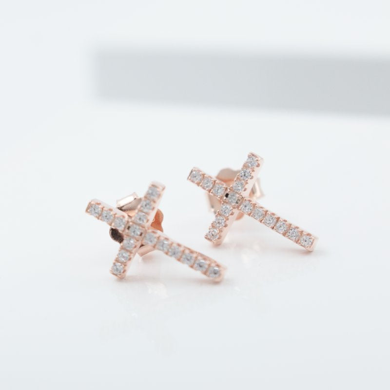 Sterling Silver Gold Vermeil CZ Cross Stud Earring (ST-1128) - ST-1128-G