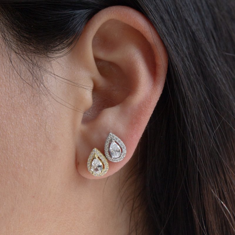Sterling Silver Gold Vermeil CZ Halo Teardrop Studs (ST-1300) - ST-1300-G