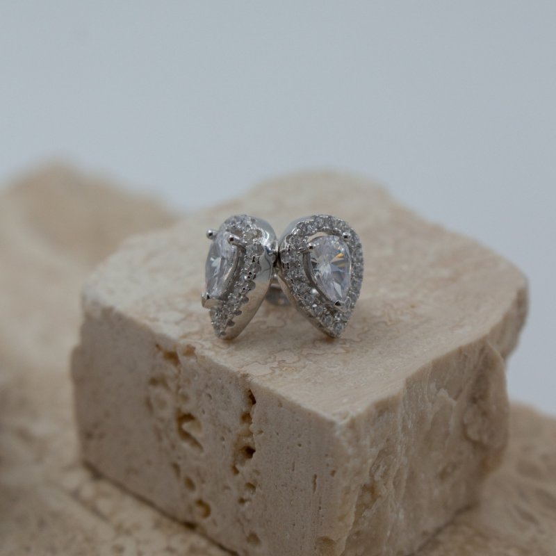 Sterling Silver Gold Vermeil CZ Halo Teardrop Studs (ST-1300) - ST-1300-G