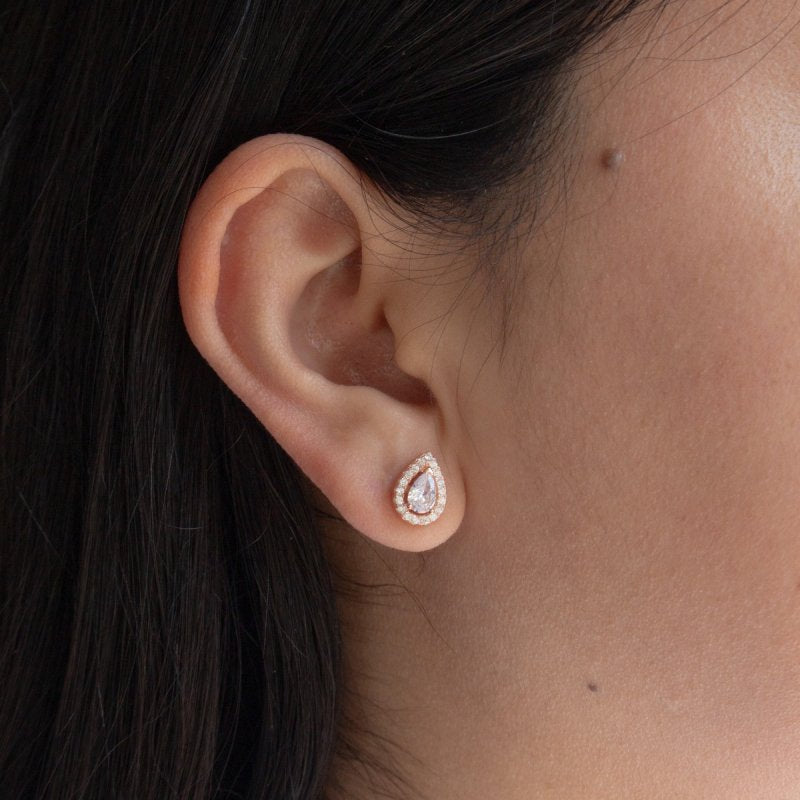 Sterling Silver Gold Vermeil CZ Halo Teardrop Studs (ST-1300) - ST-1300-G