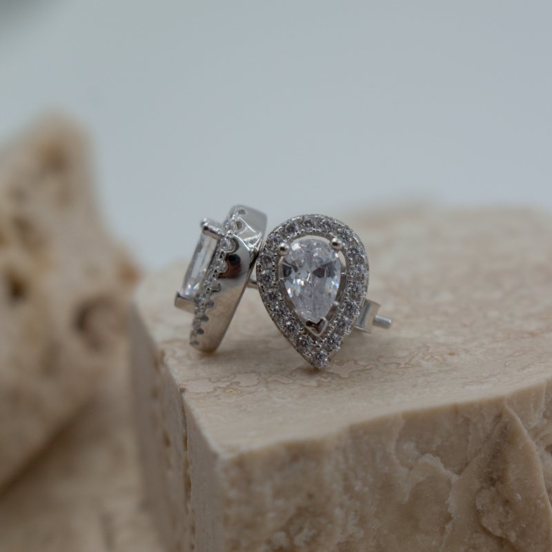 Sterling Silver Gold Vermeil CZ Halo Teardrop Studs (ST-1300) - ST-1300-G