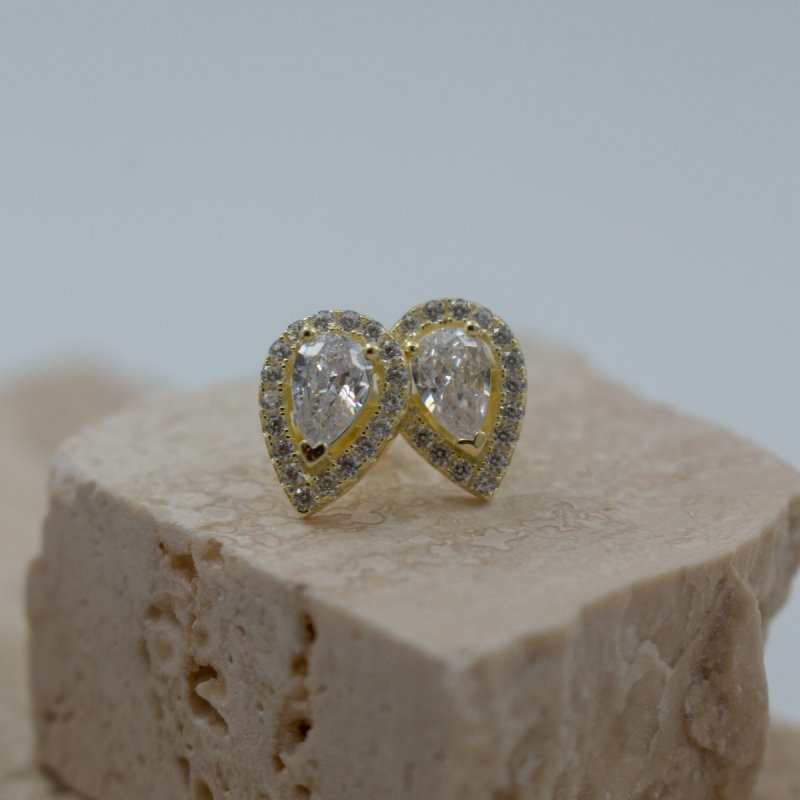 Sterling Silver Gold Vermeil CZ Halo Teardrop Studs (ST-1300) - ST-1300-G