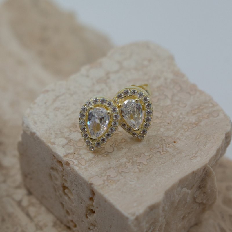 Sterling Silver Gold Vermeil CZ Halo Teardrop Studs (ST-1300) - ST-1300-G
