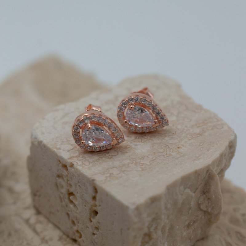 Sterling Silver Gold Vermeil CZ Halo Teardrop Studs (ST-1300) - ST-1300-G