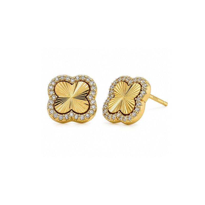 Sterling Silver Gold Vermeil CZ DC Clover Stud Earrings (ST-1739-G)