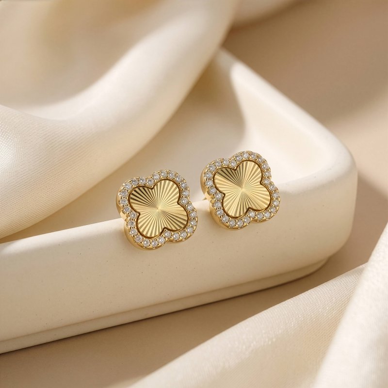 Sterling Silver Gold Vermeil CZ DC Clover Stud Earrings (ST-1739-G)