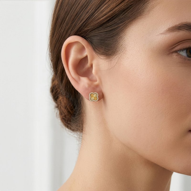 Sterling Silver Gold Vermeil CZ DC Clover Stud Earrings (ST-1739-G)
